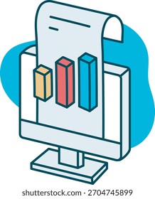 Uma ilustração vetorial contemporânea e envolvente com um monitor de desktop que exibe um relatório de dados grande e rolável com um gráfico de barras 3D colorido