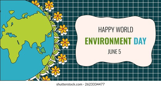 Contemporary Environment Day banner cover template design. Vector illustration with green earth and plants. Eco friendly theme. EPS 10
