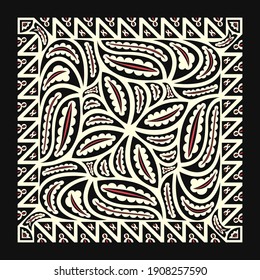 contemporary ethnic black red and white leaves swirled scarf pattern