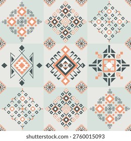 A contemporary ethnic geometric pattern featuring a fresh Neo Mint and Sage Green color palette on a soft pearl background. Intricate ornamental mosaic tile design perfect for modern minimalist home decor and trendy textile prints.
