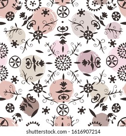 Contemporary ethnic seamless pattern with floral elements.