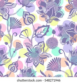 Contemporary ethnic seamless pattern with floral elements.
