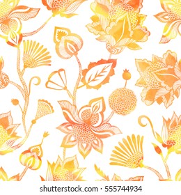 Contemporary ethnic seamless pattern with floral elements.