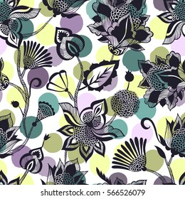 Contemporary ethnic seamless pattern with floral elements.