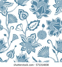 Contemporary ethnic seamless pattern with floral elements.