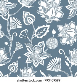 Contemporary ethnic seamless pattern with floral elements.