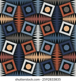 Contemporary ethnic style with a composition of simple and flat geometric shapes on a black background in a modern, colorful style. Orange, blue, and white color palette. Abstract seamless pattern. 