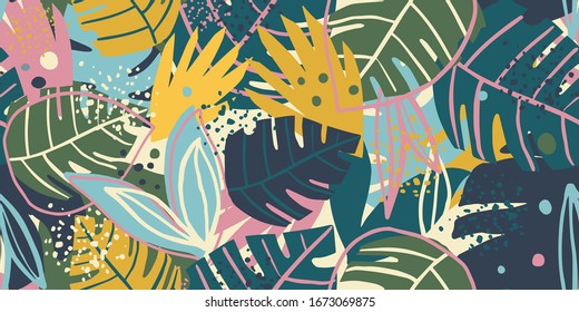 Contemporary exotic leaves seamless pattern collage design. Creative tropical leaf wallpaper. Design for fabric, textile print, wrapping paper, fashion, interior, cover. Botanical vector illustration