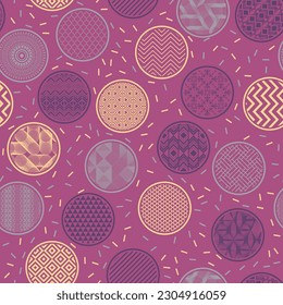 Contemporary fabric swatch geometric seamless pattern. Circular shapes with oriental abstractions inside. Asian geometry in circles. Freckled texture background. Toy packaging design.