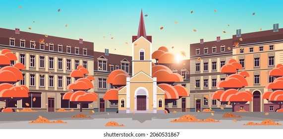 contemporary facade of church and houses buildings architecture autumn cityscape background