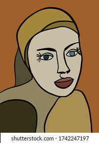 Contemporary face in cubism style.  Linear abstract woman. Minimal portrait. Mosaic elements. Modern artistic art. Modernist trend. Creative design for interior painting, print for t-shirt, poster.