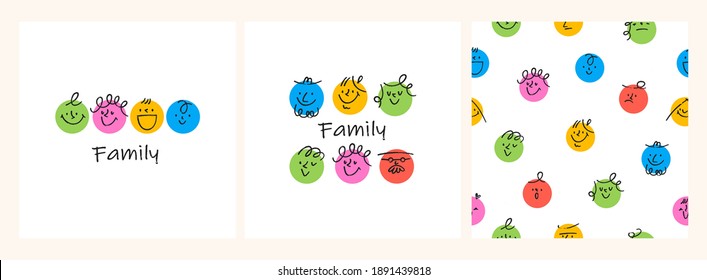 Contemporary Family portraits. Round abstract comic Faces with various Emotions. Crayon drawing style. Different colorful characters. Seamless pattern. Set of Hand drawn trendy Vector illustrations