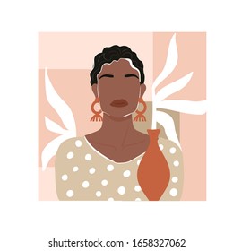 Contemporary fashion collage with abstract African woman portrait, leaf, vase and geometric elements. Trendy illustration in minimalistic style. Vector print poster, card, invitation, t-shirt etc.