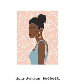 Contemporary fashion collage with abstract African woman portrait and monstera leaf background. Trendy illustration in minimalistic style. Vector print poster, card, invitation, t-shirt etc.