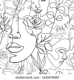 Contemporary fashion seamless pattern. One line continuous woman face, flowers, leaves and caligraphy phrase. Texture for packaging, wrapping paper, social media post etc. Vector illustration.