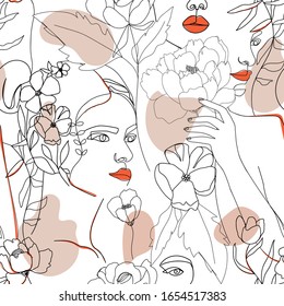 Contemporary fashion seamless pattern. One line continuous woman face, flowers, leaves and abstract shapes. Texture for textile, packaging, wrapping paper etc. Vector illustration.