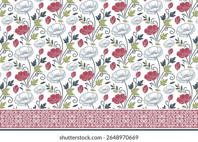 moda contemporânea têxtil com linha floral padrão sem emenda com borda inspirada pela natureza, esboços botânicos abstratos, e elementos de contorno floral decorativo

