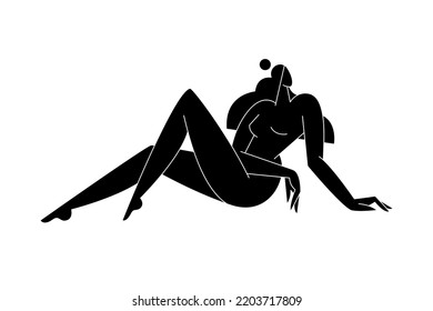 Contemporary Female Body Vector Illustration. Nude Woman Silhouette, Abstract Pose, Feminine Figure, Modern Graphic Design. Beauty, Self Love, Body Care Concept For Logo, Branding. Minimalism Fine Art