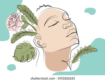Contemporary female face, Hand drawn illustration, Modern line art face drawing, Continuous line, minimalistic concept with pastel colors