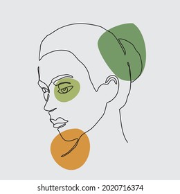 Contemporary female face portrait drawn as single line continuous  art. modern minimalistic line art of a woman face with few color patches of shades of green in the background