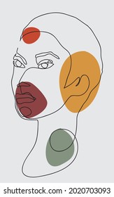 Contemporary female face portrait vector illustration drawn as single continuous line art. Modern minimalistic face portrait with few diverse colour patches in the back ground