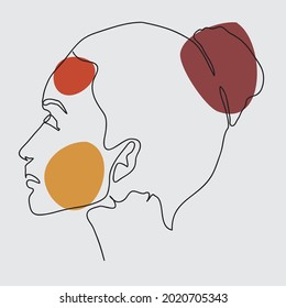 contemporary female face portrait vector illustration drawn as single continuous line art. Modern minimalistic vector artwork of a side view of woman face with few color patches in the background  