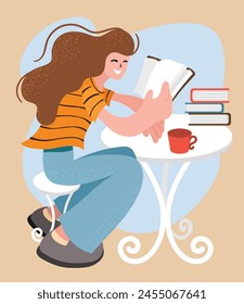 Contemporary female student in casual clothes sitting at cafe table and reading book while doing homework in cafeteria