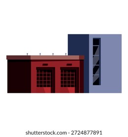 Estação de bombeiros contemporânea com estruturas geométricas vermelhas e azuis