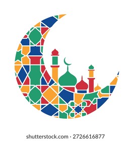 Uma ilustração vetorial de design plano contemporânea com uma lua crescente composta de padrões geométricos islâmicos arrojados e blocos de mosaico coloridos, ideal para cartões de saudação modernos do Ramadã e do Eid