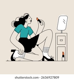 A contemporary flat illustration showcases a woman applying lipstick while seated before a mirror, with a minimalist aesthetic.