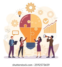 Contemporary flat style vector illustration of diverse standing people in business suits discussing an idea in the form of light bulb made of puzzle pieces