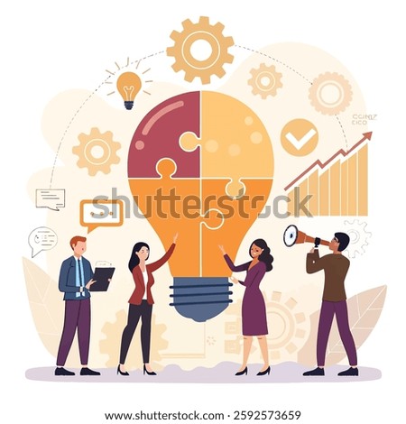 Contemporary flat style vector illustration of diverse standing people in business suits discussing an idea in the form of light bulb made of puzzle pieces