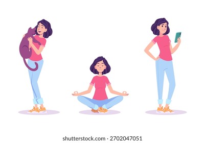Vector plano contemporáneo de una mujer joven feliz abrazando a un gato, meditando en pose de loto y revisando su teléfono inteligente.