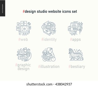 Contemporary Flat Vector Icons Of Web Design, Identity, Graphic Design, App Development, Illustration And Team Bestiary.