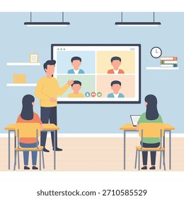 Una Ilustración vectorial plana contemporánea de una configuración de aula híbrida. Un maestro masculino se para en un aula física, instruyendo a dos estudiantes en persona, mientras interactúa simultáneamente con cuatro estudiantes remotos