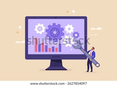 Contemporary flat-style abstract vector illustration of a man in a business suit with wrench troubleshooting work of a chart on the monitor screen, isolated on a background.