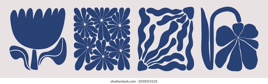 Conjunto de arte floral contemporânea. Elementos decorativos de folha de flor abstrata, ornamento de flor de primavera minimalista moderno para o projeto do papel de parede do cartão. Coleção de vetor de meados do século