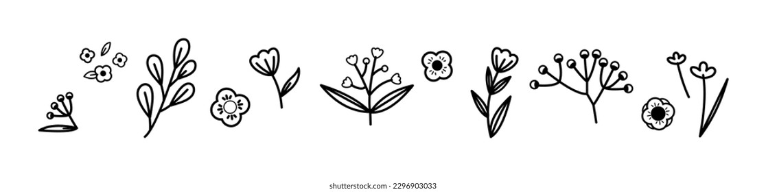 Contemporary floral, Cute hand drawn abstract plants and flowers line art Vector illustration. Trendy Modern cartoon style pattern template collection. for logo, tattoo, invitation, card, and prints.