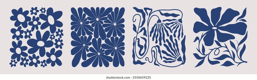 Contemporary floral elements. Abstract flower leaf organic shapes, modern simple decorative naive graphic art. Vector mid century set