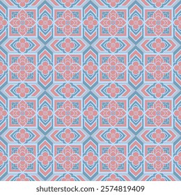 Contemporary Floral and Geometric Design in Pastel Pink and Blue Hues, Featuring Repeating Lotus-Inspired Motifs and Elegant Symmetry