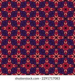 Contemporary floral geometry seamless vector tile pattern. Symmetrical geometric patchwork sample ornament. Abstract flower repeating tiling fabric print. Velvet pillow cushion oriental motif