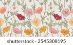 Contemporary Floral Illustrations in Pattern Vector Repeat Featuring Refined Textures for Trendy Backgrounds, Wallpaper, and Wrapping.
