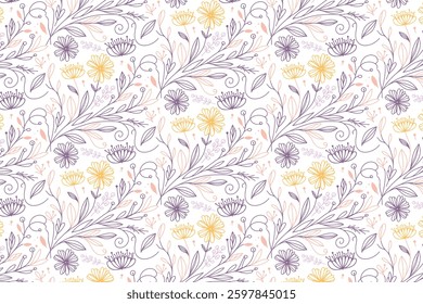 contemporary floral pattern with delicate sketch style flowers and seamless botanical elements for packaging and textile print
