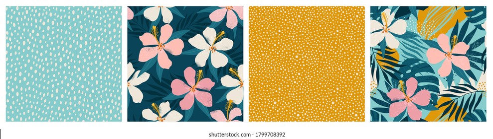 Contemporary floral and polka dot shapes collage seamless pattern set. Modern exotic design for paper, cover, fabric, interior decor and other users.