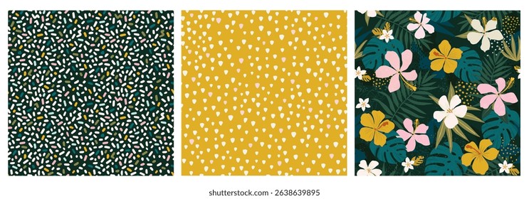 Contemporary floral and polka dot shapes collage seamless pattern set. Modern exotic design for paper, cover, fabric, interior decor and other users