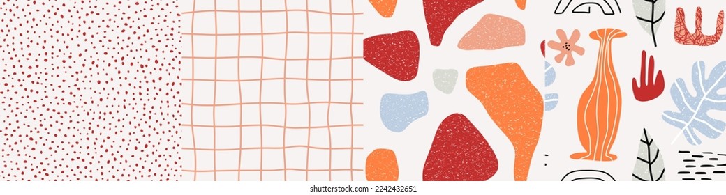 contemporary floral and polka shapes seamless pattern set.