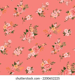 Contemporary floral print with small garden flowers on field for digital background and textile in millefleur style ,ornate vector template