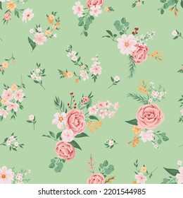 Contemporary floral print with small garden flowers on field for digital background and textile in millefleur style ,ornate vector template