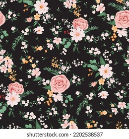 Contemporary floral print with small garden flowers on field for digital background and textile in millefleur style ,ornate vector template