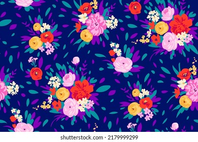 Contemporary floral print with small meadow flowers on lea for digital background and textile in ditsy style ,ornate vector template
